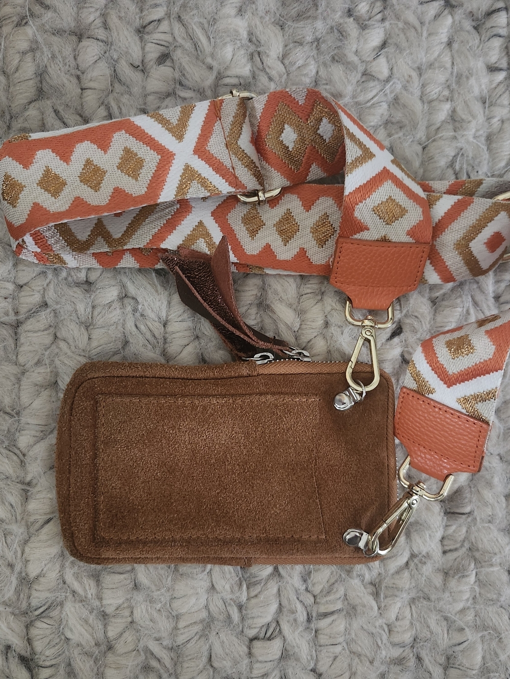 Tan Suede Crossbody Card Holder with Orange Patterned Strap